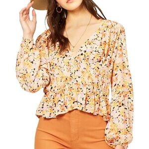 Billabong Chasing Dreams Floral V-Neck Ruffle Floral Blouse Top
